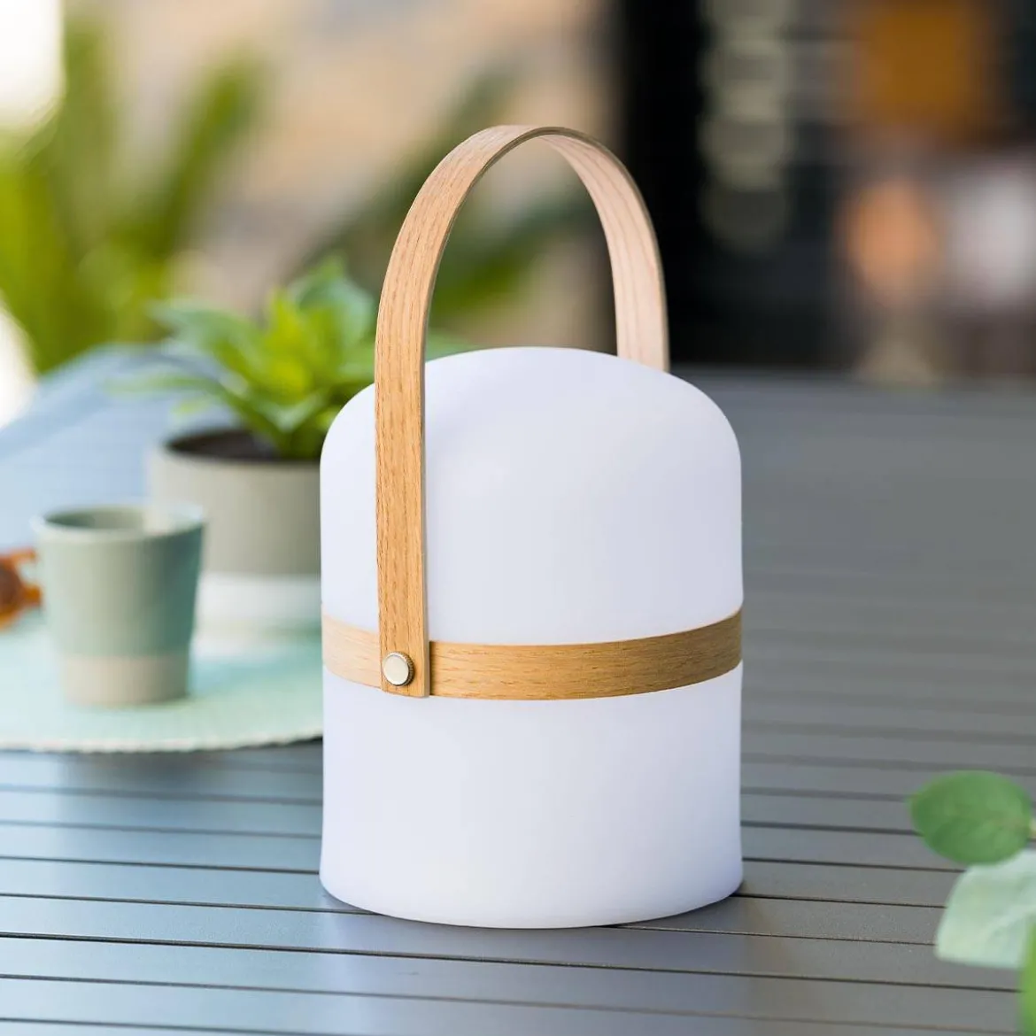 Lampe d'extérieur KIARA rechargeable USB avec anse en bois Blanc