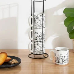 Rack 4 mugs  "White Floral"